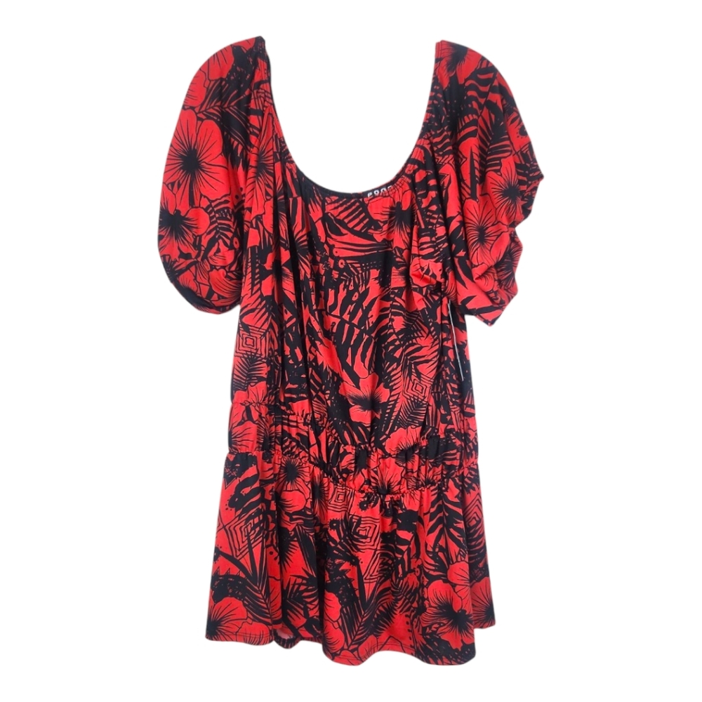NWT Poof 3X Red & Black Tropical Blouson Puff Sleeve Blouse Peplum Hem Stretch